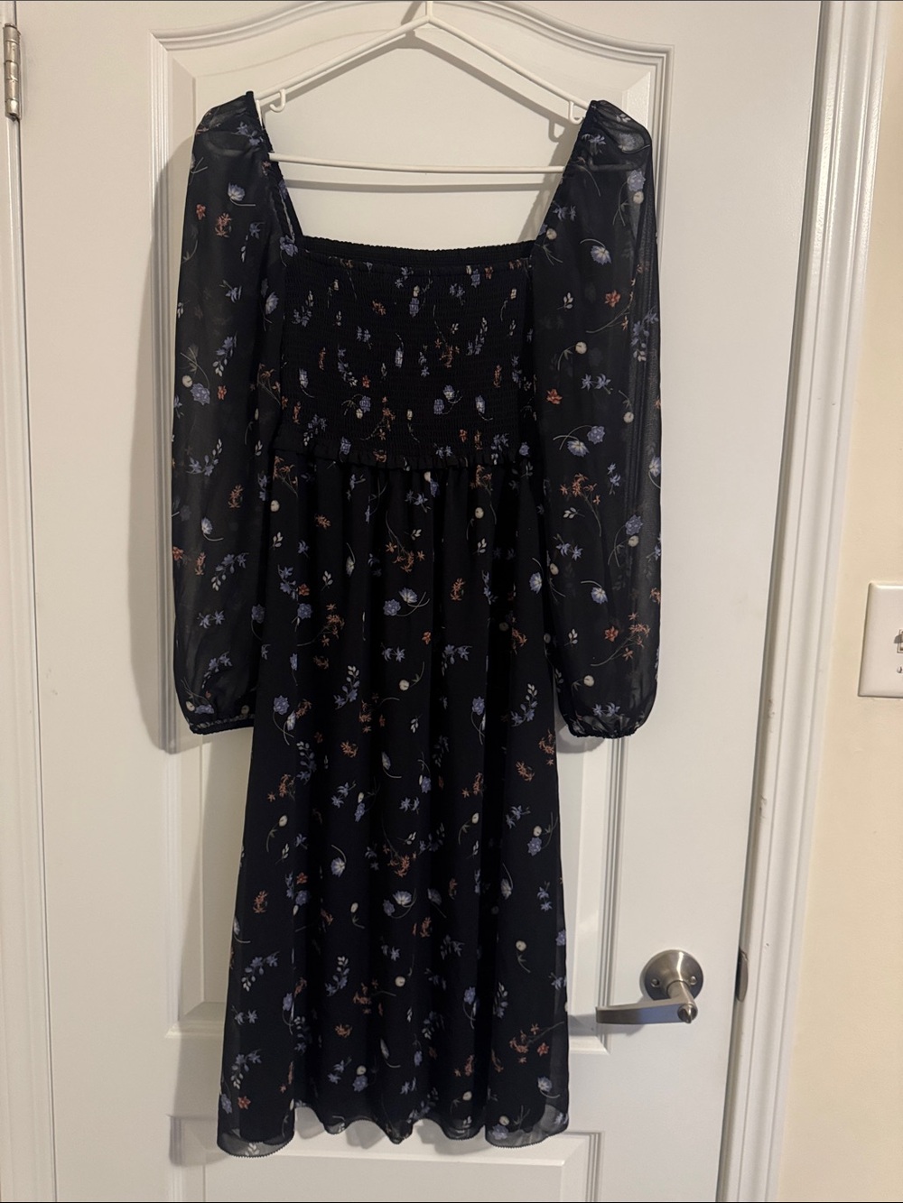 Aritzia Black Floral Smocked Midi Dress with Sheer Puff Sleeves
